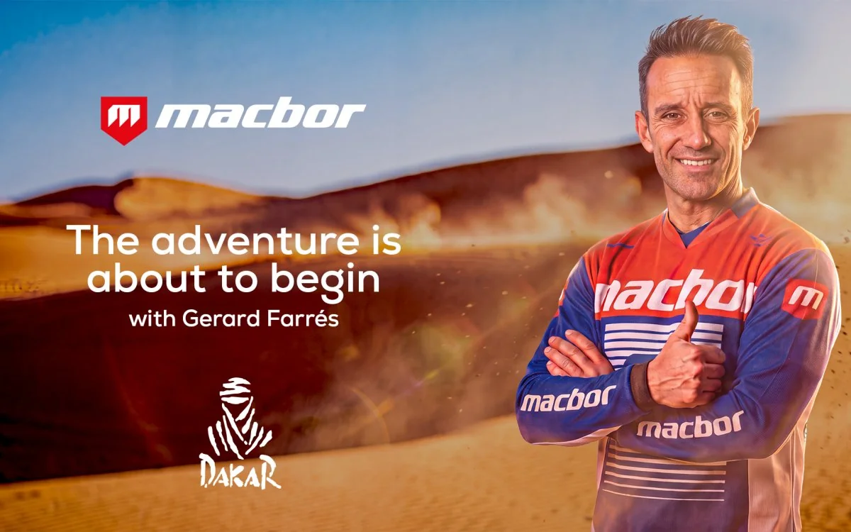 Imagen promocional del proyecto Dakar 2027 de MACBOR con Gerard Farrés, difundida por la marca.