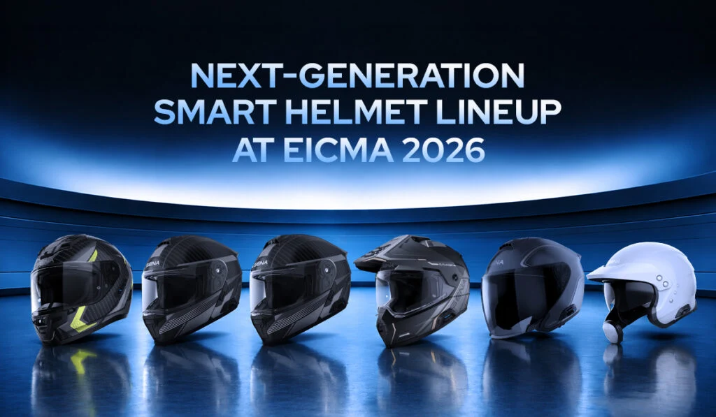 Composición oficial de Sena para el anuncio de sus nuevos cascos en EICMA 2026.